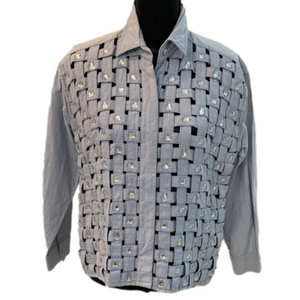 YakMagik Pale Blue Bedazzled Woven Lattice Vintage Button Up Shirt Women Small